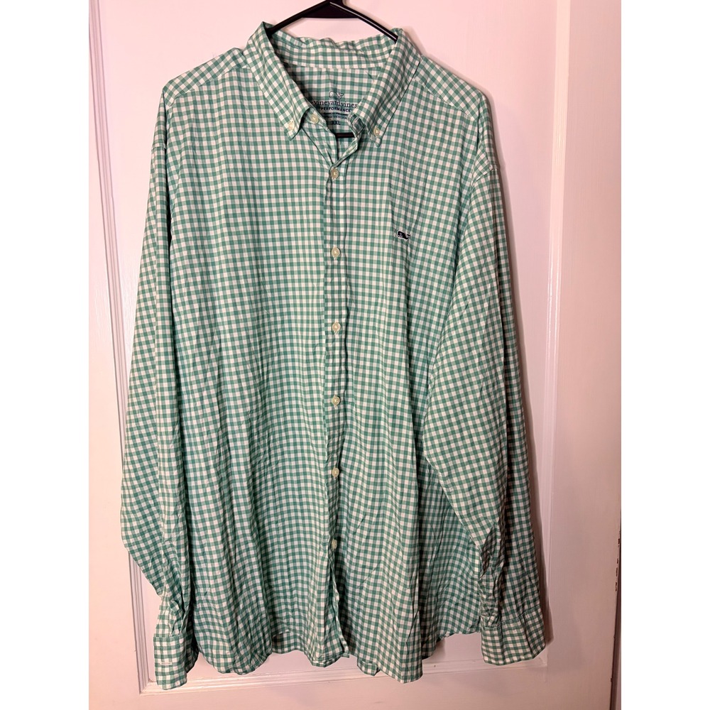 Vineyard Vines Performance Shirt Mens XXL Green Gingham Classic Fit Whale Shirt